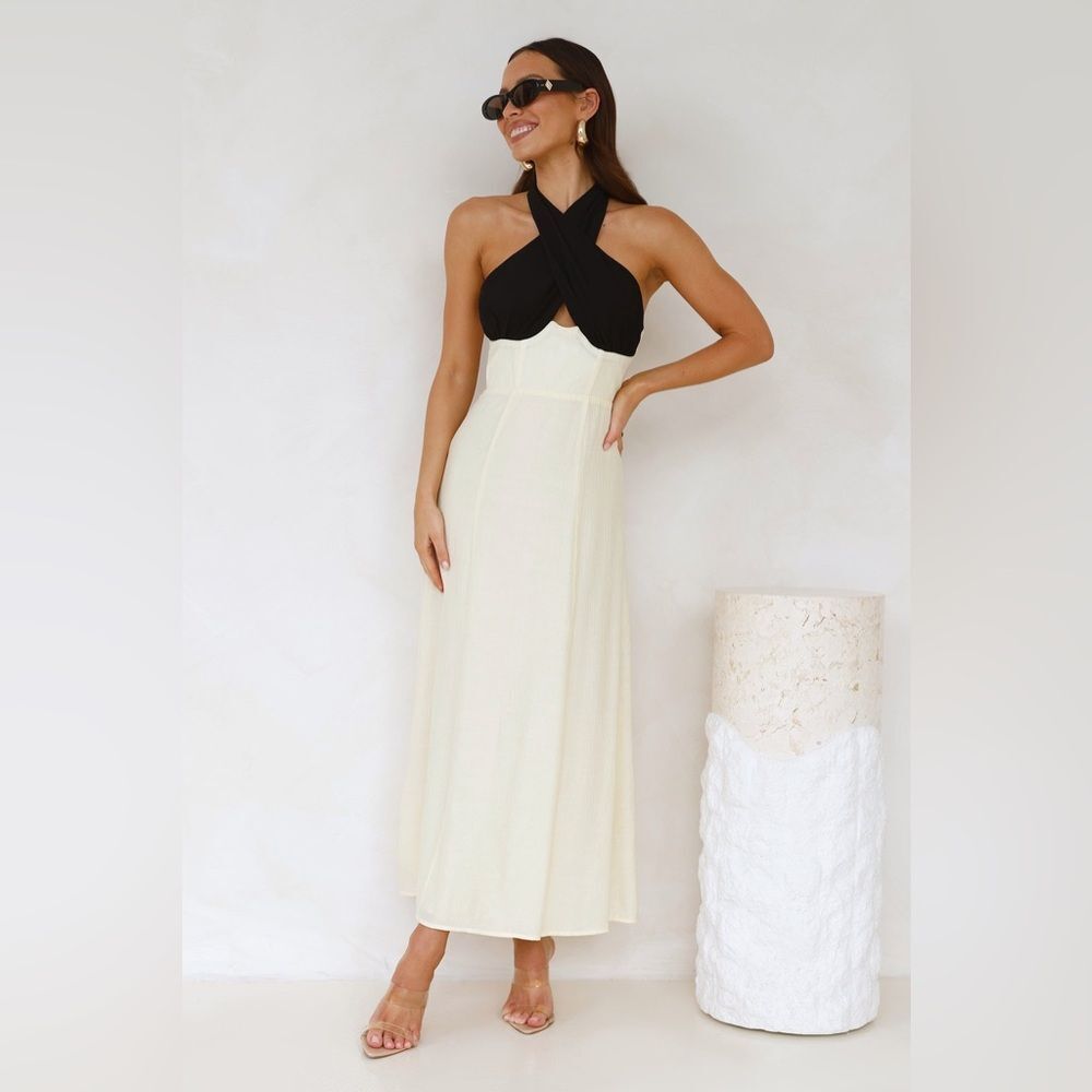 MIKA & GALA Paris Afternoon Halter Maxi Dress Cream Contrast Formal Size L - Picture 4 of 10